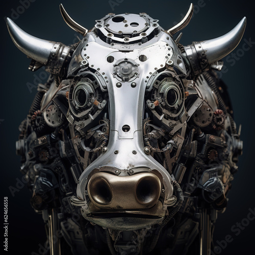 Image of cow face made with steel and various metals on clean background. Farm animals. Illustration, Generative AI. © yod67