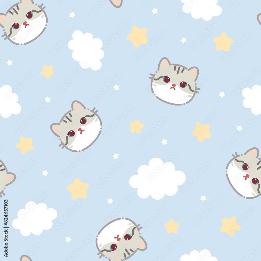 Seamless Pattern. White grey cat face. Cloud star in the sky. Cute cartoon kawaii funny smiling character. Wrapping paper, textile template. Nursery decoration. Blue background. Flat design Vector