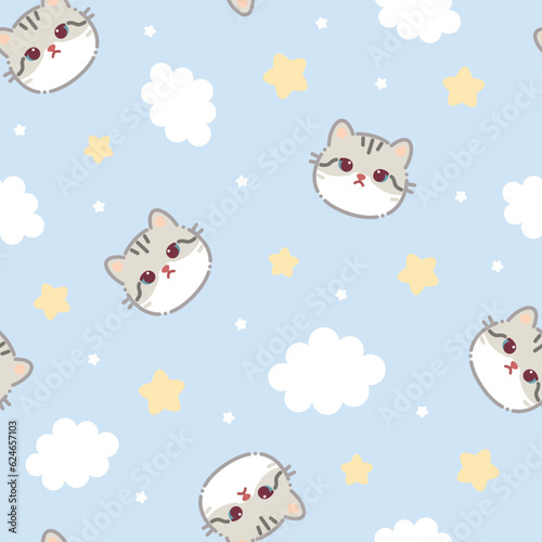 Seamless Pattern. White grey cat face. Cloud star in the sky. Cute cartoon kawaii funny smiling character. Wrapping paper, textile template. Nursery decoration. Blue background. Flat design Vector