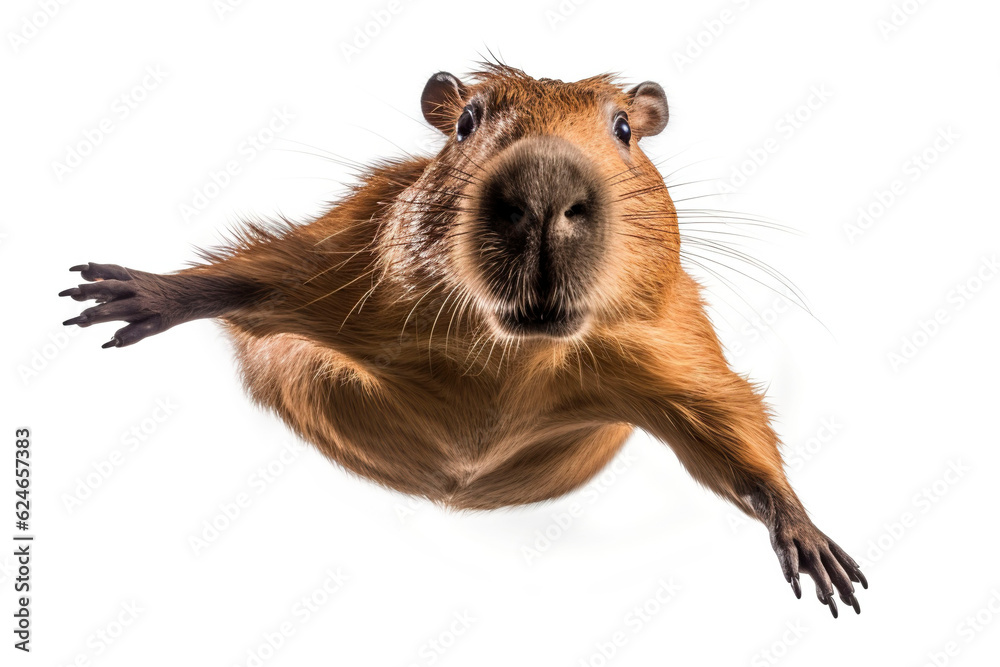 Capybara flying in the air. Generative AI. Capybara flying in the air. Generative AI.