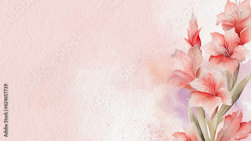 Abstract Floral Pink Gladiolus Flower Watercolor Background On Paper