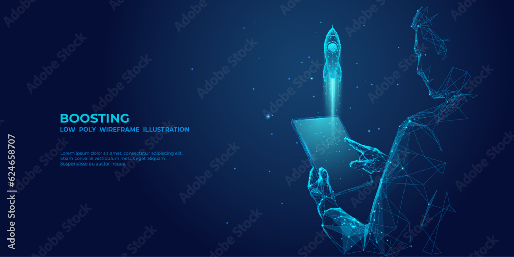 Fototapeta premium An abstract businessman is holding a tablet with Rocket launching a hologram. Digital Boosting or Start-Up Concept. Futuristic low poly user in technological blue. Vector 3D illustration. 