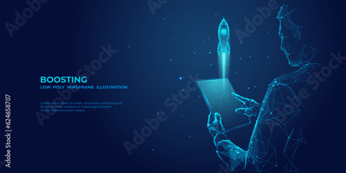 An abstract businessman is holding a tablet with Rocket launching a hologram. Digital Boosting or Start-Up Concept. Futuristic low poly user in technological blue. Vector 3D illustration. 