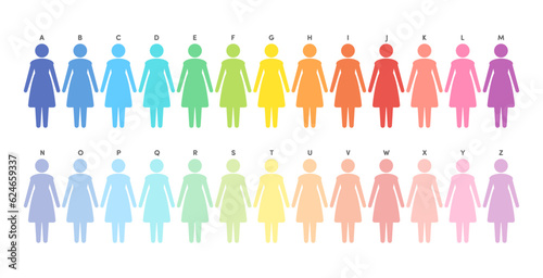 AからZまでのイニシャルの仮名が付いたシンプルでおしゃれな人型･女性のアイコン集 - 全身
