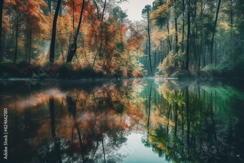 Watercolor forest lake with trees' reflection &amp  nature background. Generative AI © Sofia