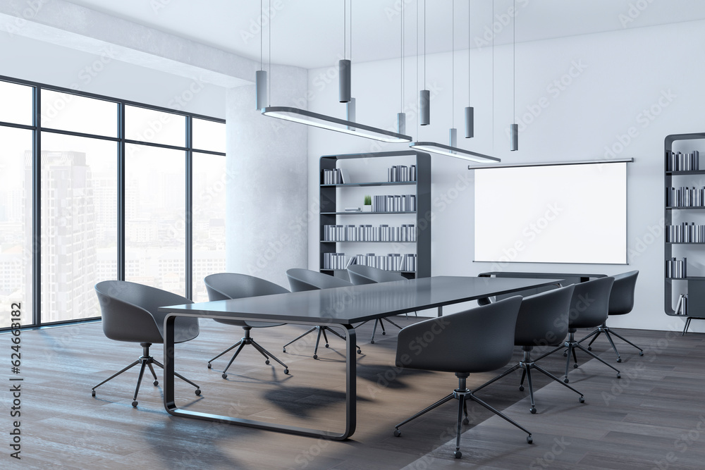 Fototapeta premium Modern meeting room interior with empty white mock up poster, concrete walls, wooden flooring, furniture and equipment. 3D Rendering.