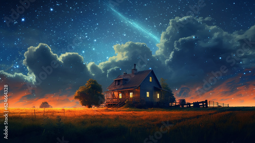 landscape panorama lonely house cottage under the starry sky. Generative AI