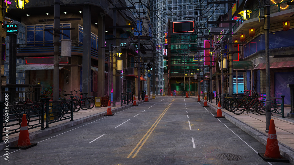 Cyberpunk city street at night. Anime background 3D illustration.