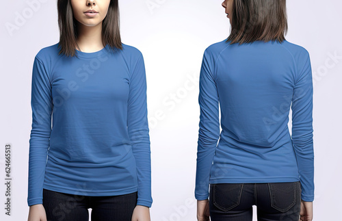 Woman wearing a blue T-shirt with long sleeves. Front and back view