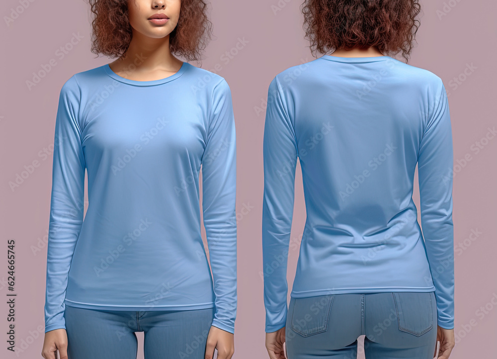 Woman wearing a blue T-shirt with long sleeves. Front and back view Woman wearing a blue T-shirt with long sleeves. Front and back view