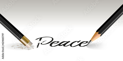 Concept de la guerre et des droits de l’homme, avec un crayon qui écrit le mot, paix qui est aussitôt effacé.
