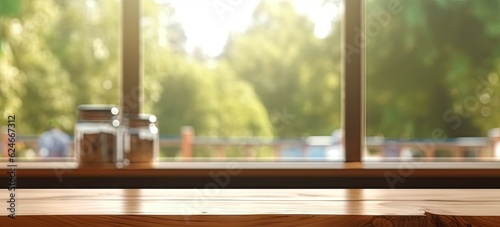 Product Showcase. Blurred Background with an Empty Wooden Counter and Copy Space