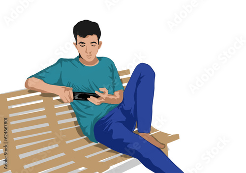young man sitting relaxed playing a game on his smartphone