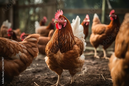 A happy group of free-range hens in an organic farm environment. Keywords: farming, agriculture, eco-friendly, outdoors, healthy, cage-free, sustainable, slow-living, chickens,. Generative AI