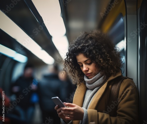Portrait of a lovely girl typing message on mobile phone in subway train. Generative Ai.