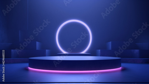 neon glow circle podium presentation abstract light. Generative AI