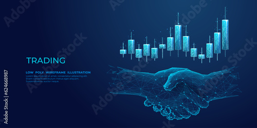 Abstract handshake and stock market candlestick. Digital trading and investment concept. Growing graph chart. Low Poly wireframe vector illustration on blue technological background. Best deal symbol