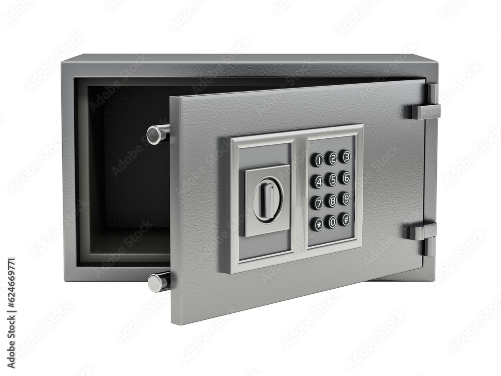 Open wall safe with digital keypad isolated on transparent background. 3D illustration Open wall safe with digital keypad isolated on transparent background. 3D illustration
