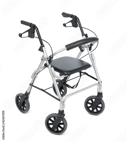 Aluminum rollator for elderly and recovering people, isolated on a transparent background png.