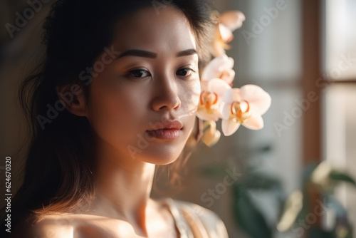 Beautiful young Thai woman in orchid greenhouse at dawn. Photorealistic illustration generative AI.
