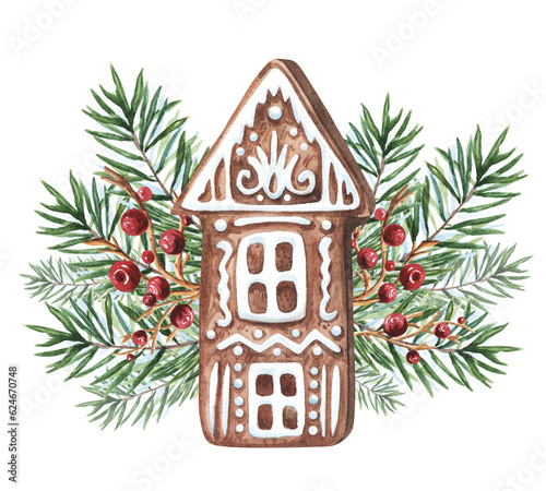Watercolor gingerbread house with fir branches and berries isolated on white background. Watercolour Christmas food illustration. For decor, textile, packaging, dishes.