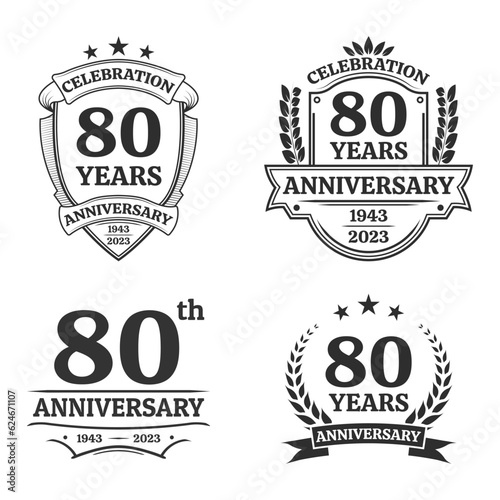 80 years anniversary icon or logo set. Vintage birthday banner design. 80th anniversary jubilee celebration badge or label collection. Vector illustration.