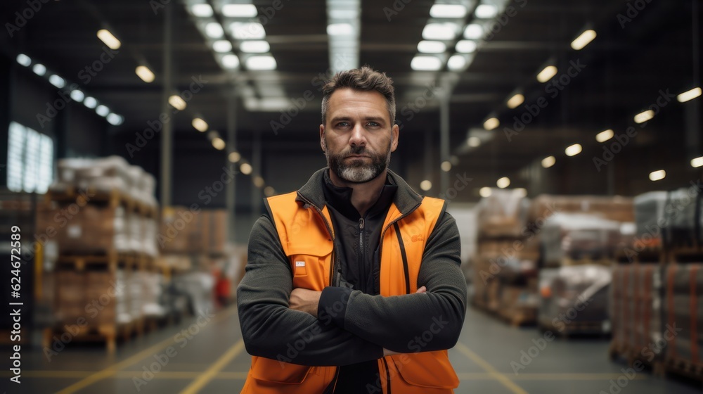 Portrait of worker warehouse standing in a retail warehouse full of shelves with boxes. Generative Ai.