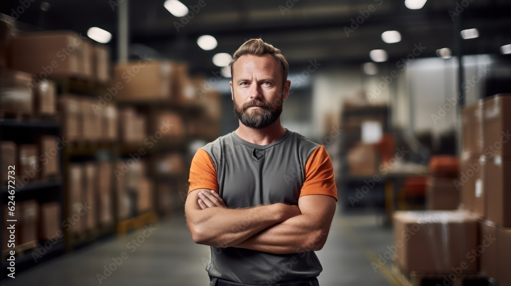Portrait of worker warehouse standing in a retail warehouse full of shelves with boxes. Generative Ai. Portrait of worker warehouse standing in a retail warehouse full of shelves with boxes. Generative Ai.