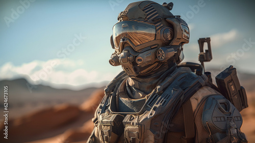 Character futuristic post apocalyptic desert security force.