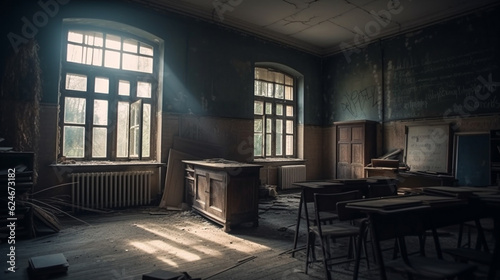 desolate classroom in an industrial firm Classroom in an abandoned school