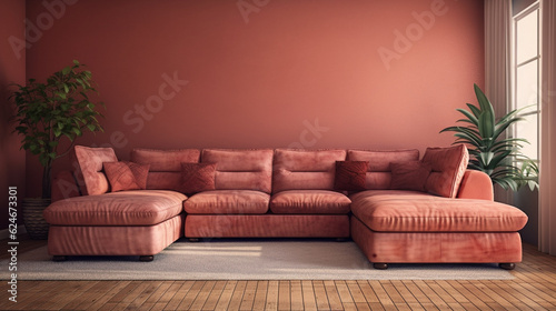 Coral and terracotta living room accent sectional sofa. The walls are dark beige. great art gallery location.