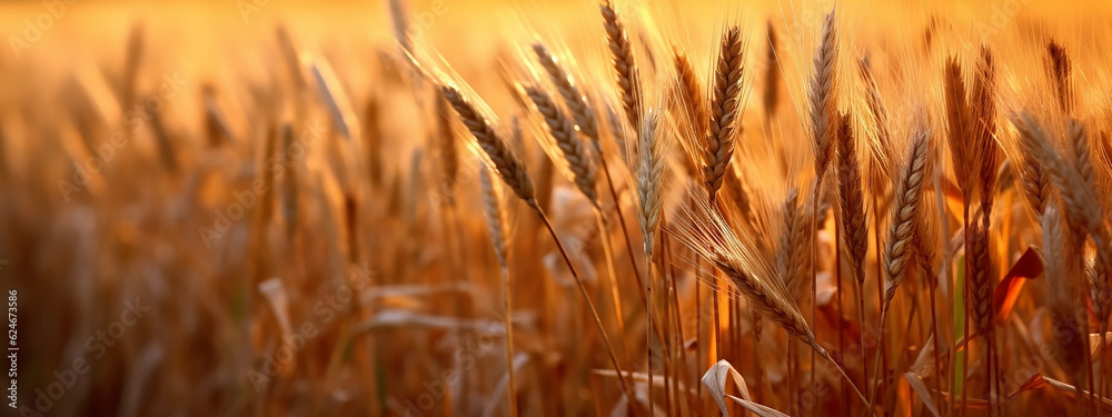 golden ears of wheat in the field panorama. Generative AI golden ears of wheat in the field panorama. Generative AI