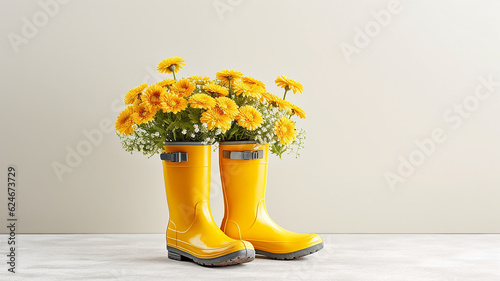 yellow rubber boots with flowers isolated on a white background. Generative AI