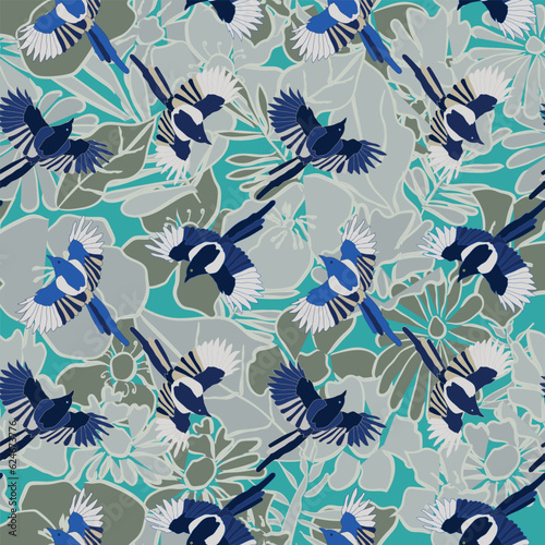 Black billed magpie seamless pattern