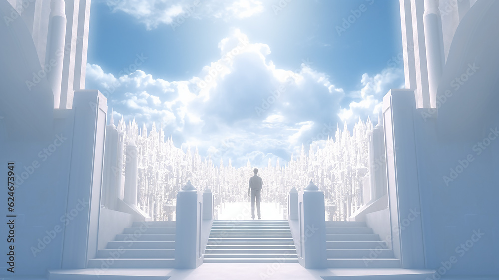 man climbs the heavenly ladder to paradise. Generative AI