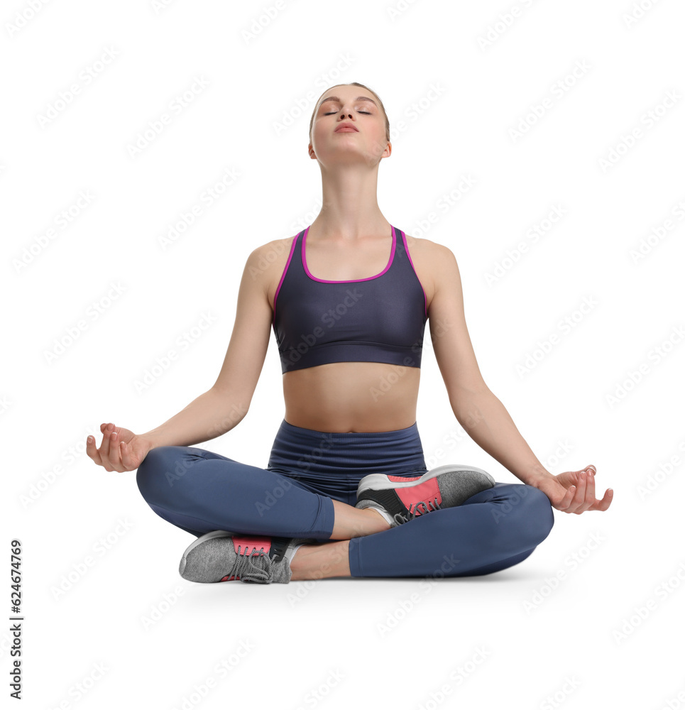 Young woman practicing yoga on white background
