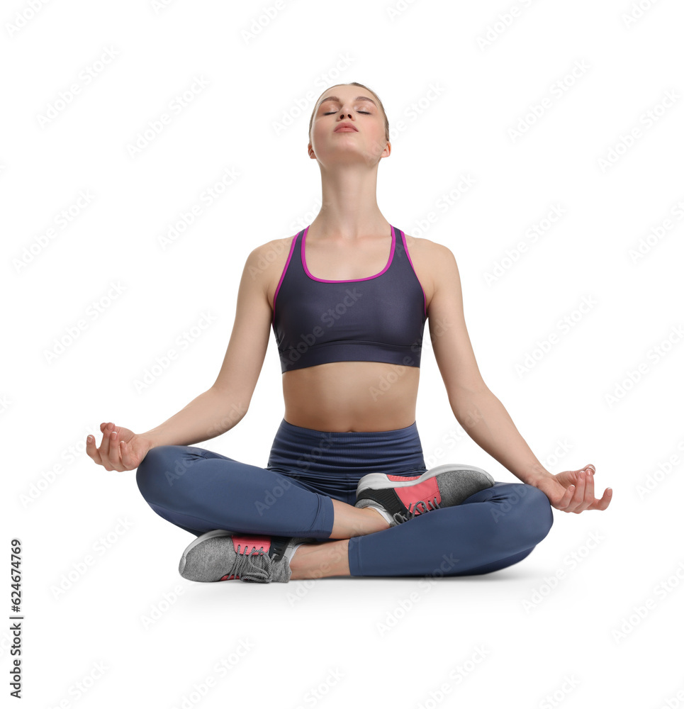 Young woman practicing yoga on white background Young woman practicing yoga on white background