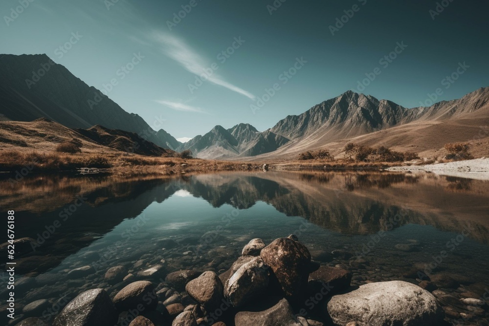 Reflection of mountain range on water with rocks and distant peak with blue sky. Generative AI
