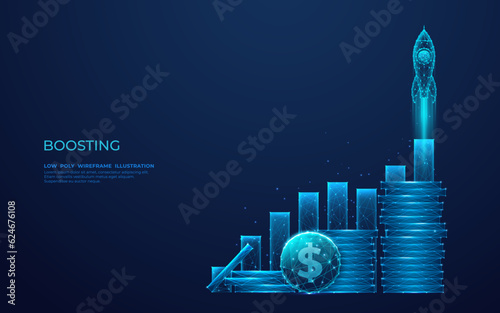 Digital Rocket, coins, and graph chart. Abstract growing diagrams and a stack of dollar coins. Spaceship boosts the statistic candle. Low poly wireframe vector illustration in blue hologram style.