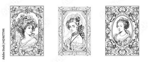 Portrait of beautiful women from Baroque and Renaissance times. Beautiful woman for coloring. Awesome women drawings created with generative AI.