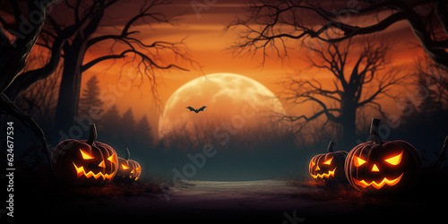 Halloween spooky forest sunset with a glowing eyes of Jack O' Lanterns. Halloween spooky banner. Halloween background.