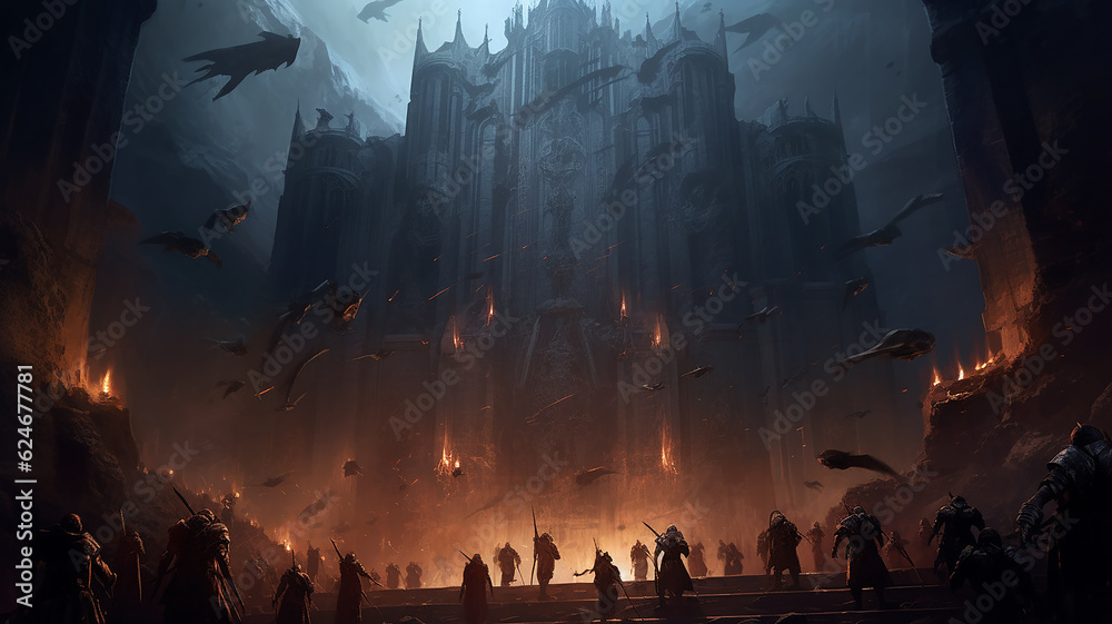 Fototapeta premium pc game simulation online horror castle attack dark forces warriors battle screen. Generative AI