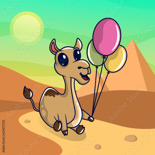 camel carrying a balloon in the desert