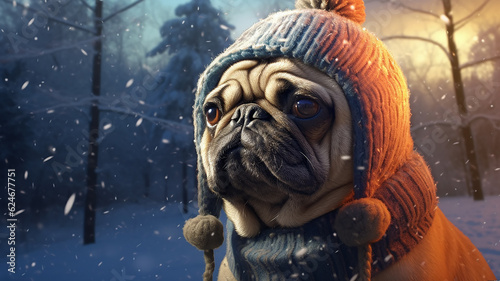 pug winter greeting card. Generative AI