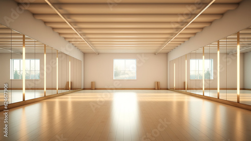 panoramic empty gym with windows for ballet classes. Generative AI