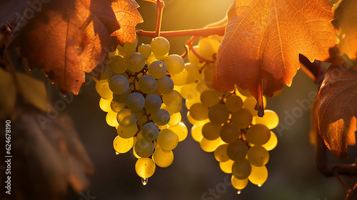 bunches of golden grapes at the winery in France golden ray of the sun. Generative AI