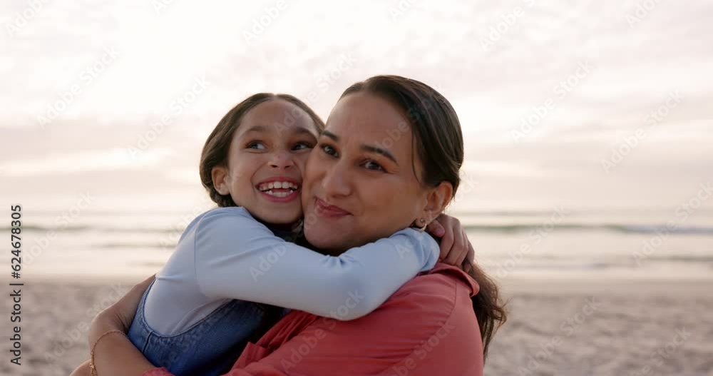 Mother, child and hug outdoor at beach on family vacation, holiday or adventure at sunset. Woman and happy girl kid embrace and thinking at ocean with quality time for love, comfort or care in nature Mother, child and hug outdoor at beach on family vacation, holiday or adventure at sunset. Woman and happy girl kid embrace and thinking at ocean with quality time for love, comfort or care in nature