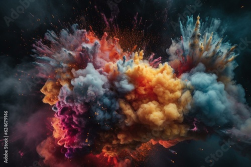 Vibrant smoke and glitter explosion against celestial backdrop. Generative AI