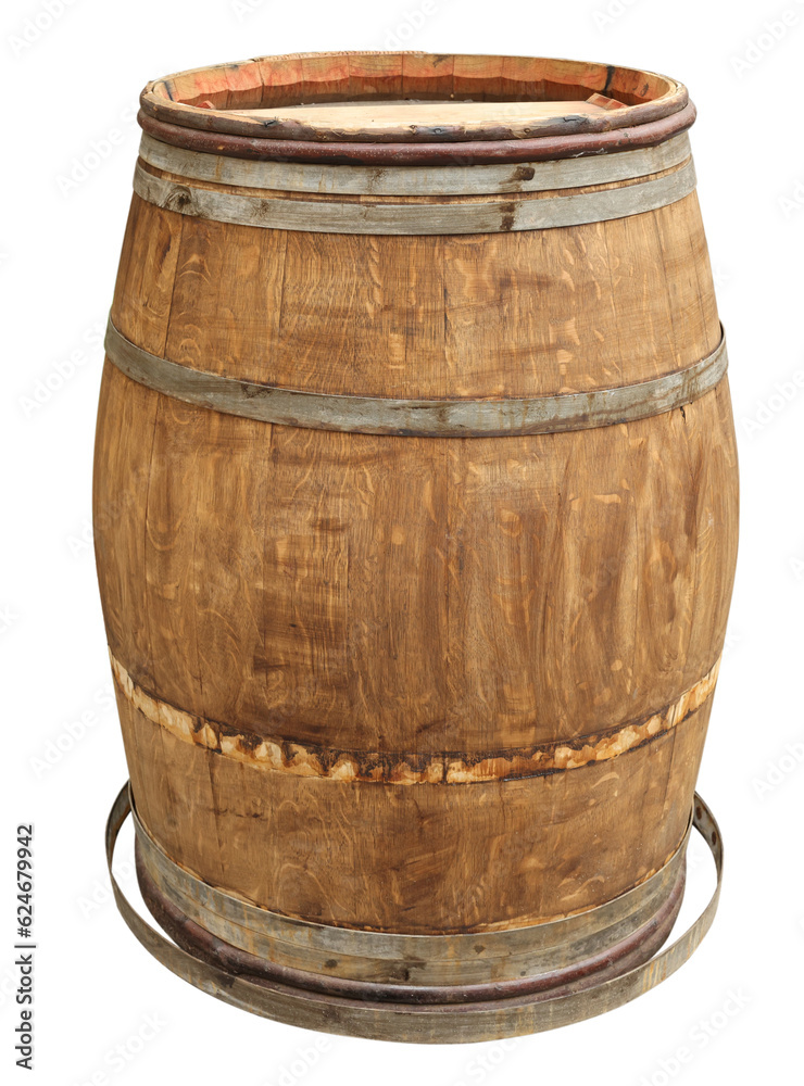 Obraz premium One wooden barrel with metal hoops isolated on white