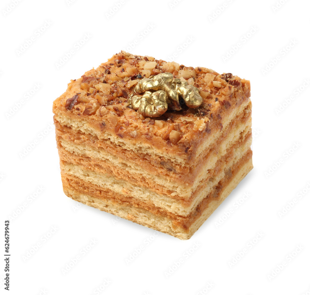 Piece of delicious layered honey cake on white background Piece of delicious layered honey cake on white background